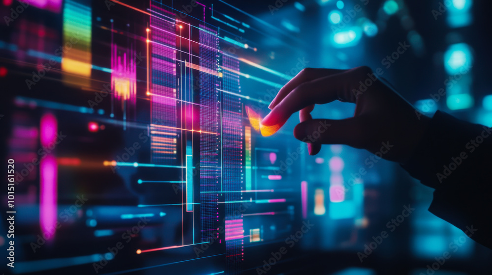 Aufkleber a person interacts with a colorful digital display featuring data visualizations in a high-tech envi