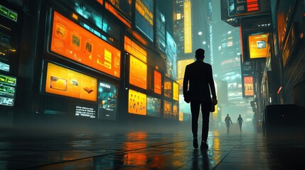A lone businessman walks through a futuristic city with towering digital billboards displaying colorful and abstract images.