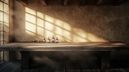 A wooden countertop in front of a beige wall, ready for beauty and food product mockups. The warm, natural tones offer a clean and elegant presentation space.
