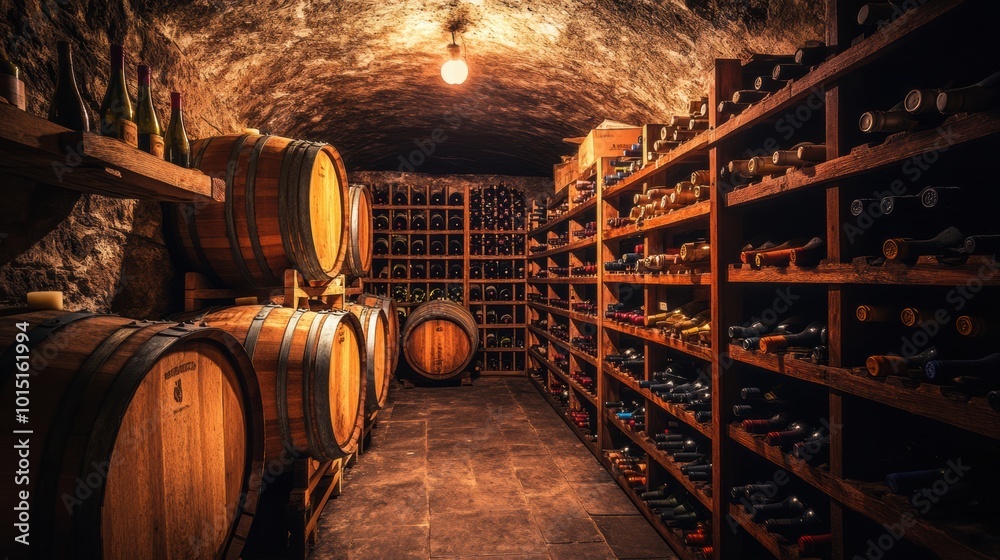 Poster explore a rustic wine cellar with wooden barrels and organized shelves filled with an extensive coll