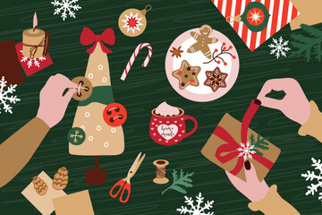 Process of packing a Christmas gift .Women's hands make a Christmas tree out of textiles. Preparing Christmas gifts . Eco-friendly concept.Natural materials for gift wrapping.Vector flat