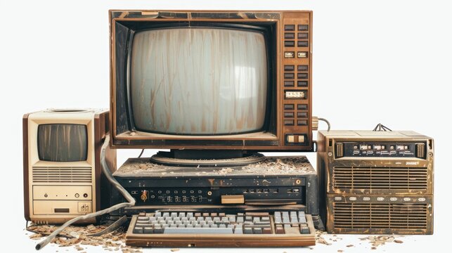 A vintage computer system, dusty and aged, with a CRT monitor, a keyboard, and a tower.