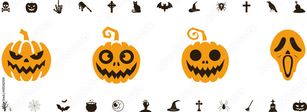 Wall mural horror and scary halloween faces silhouette icon, pumpkin, emoji and tattoo ghost smile spooky jack 