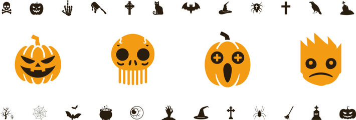 Horror and scary halloween faces silhouette icon, Pumpkin, emoji and tattoo ghost smile spooky jack evil mouth eyes scary silhouette vector illustration
