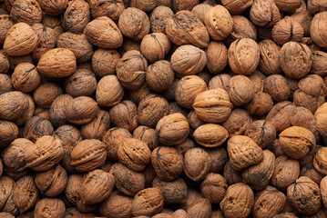 Close-up of a large pile of whole walnuts in their shells, showing a natural and organic texture.