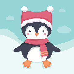 Vector illustration of a cute penguin. Flightless seabird. New Year's Day character, assistant. Banner, postcard. World Penguin Day. Arctic animal. 