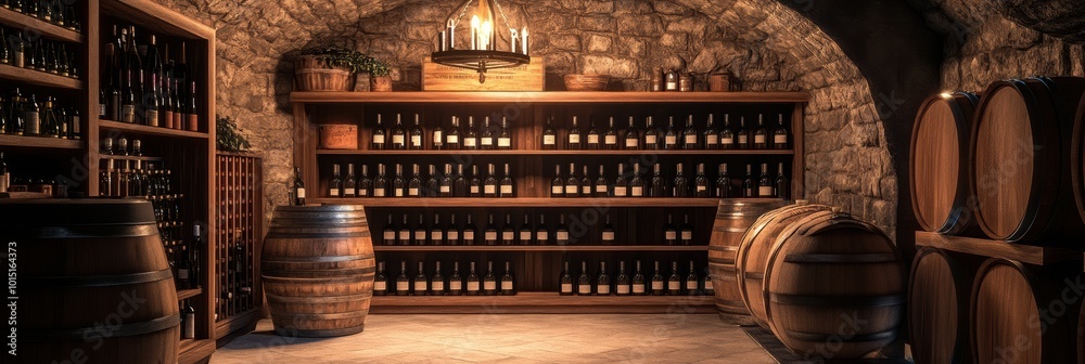 Poster a rustic wine cellar showcasing wooden barrels and shelves filled with a diverse collection of wine 