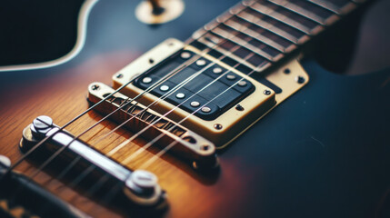 Fototapeta premium Close-up view of a sunburst electric guitar resting on a surface with warm lighting highlighting its polished finish and intricate details