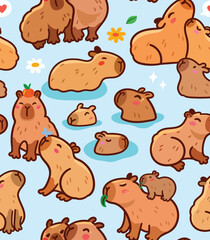 Seamless pattern. Capybara family characters isolated on blue background