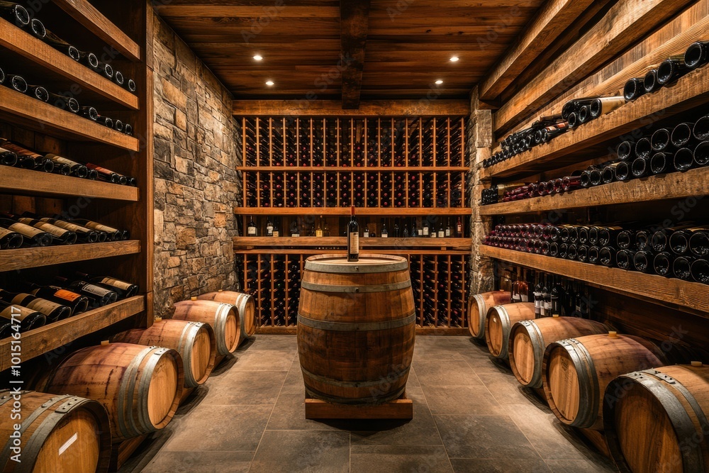 Aufkleber explore a rustic wine cellar featuring wooden barrels and neatly arranged shelves full of fine wine 