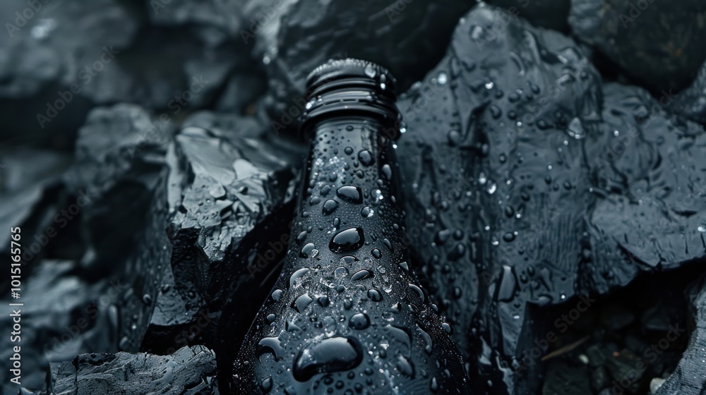 Sticker Wet Black Glass Bottle Resting on Black Rocks