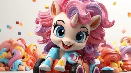 Naklejka premium 3D illustration of a happy unicorn on a rocking horse, with a very colorful mane. Concept of happiness, recklessness. 3D render character cartoon style Isolated on transparent background