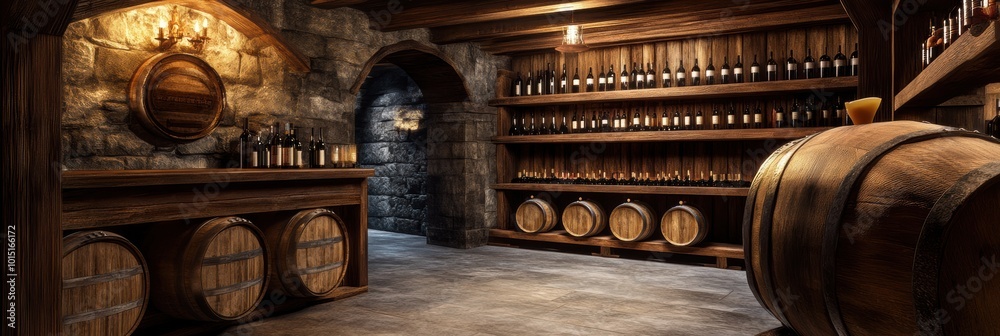 Poster a rustic wine cellar featuring wooden barrels and shelves filled with various wine bottles in a dark