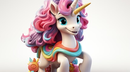 3D illustration of a happy unicorn on a rocking horse, with a very colorful mane. Concept of happiness, recklessness. 3D render character cartoon style Isolated on transparent background