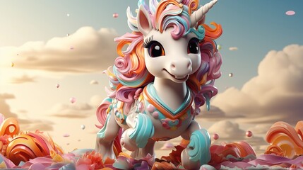 Naklejka premium 3D illustration of a happy unicorn on a rocking horse, with a very colorful mane. Concept of happiness, recklessness. 3D render character cartoon style Isolated on transparent background