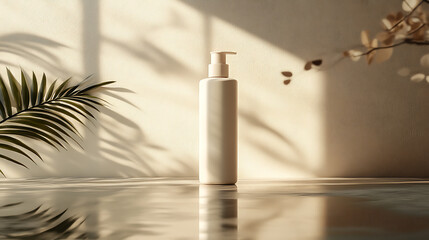 A white pump bottle sits on a white countertop with palm leaves and sunlight filtering through the background.
