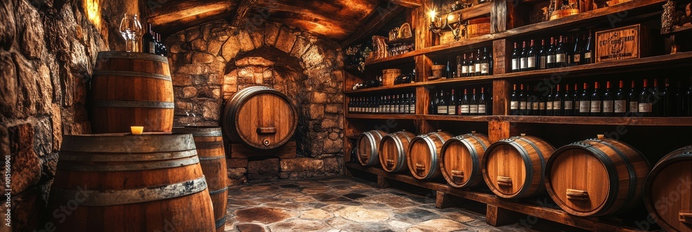 Poster a rustic wine cellar featuring wooden barrels and shelves brimming with wine bottles in a cozy stone