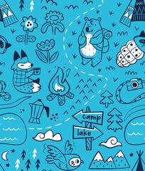 Blue graphic map with cartoon animals. Seamless pattern