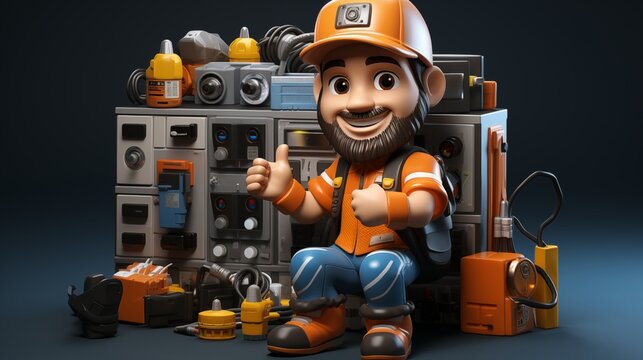 3D render worker man Electrician character cartoon style Isolated on transparent background