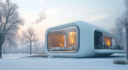 A futuristic home equipped with hydrogen batteries, showcasing clean and efficient energy storage i the winter