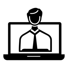 A person participating in a virtual meeting on a laptop while wearing a business suit