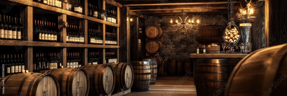Poster Explore a rustic wine cellar adorned with wooden barrels and shelves brimming with fine bottles in an elegant setting. Generative AI