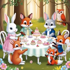 A whimsical tea party in an enchanted garden with talking animals and colorful pastries