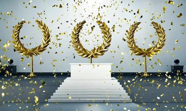 Podiums topped with golden wreaths, against a backdrop of falling confetti and warm light, symbolize honor and achievement.