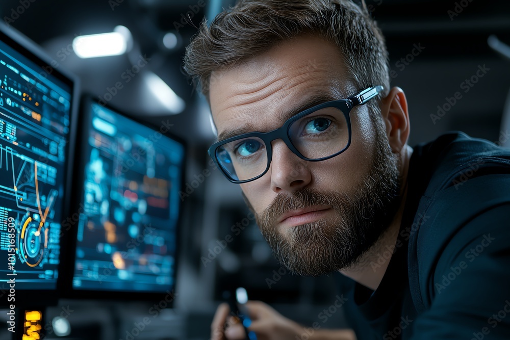Aufkleber Hyper-realistic close-up of a scientist working on tomorrowâ€™s technology, surrounded by futuristic tools and screens filled with advanced data