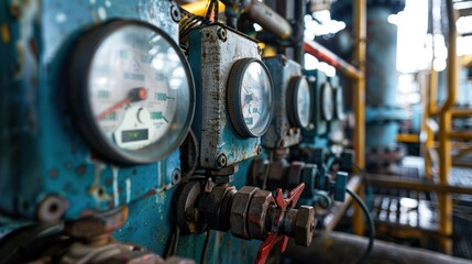 Close-up of Industrial Gauges and Valves on a Rusty Blue Panel