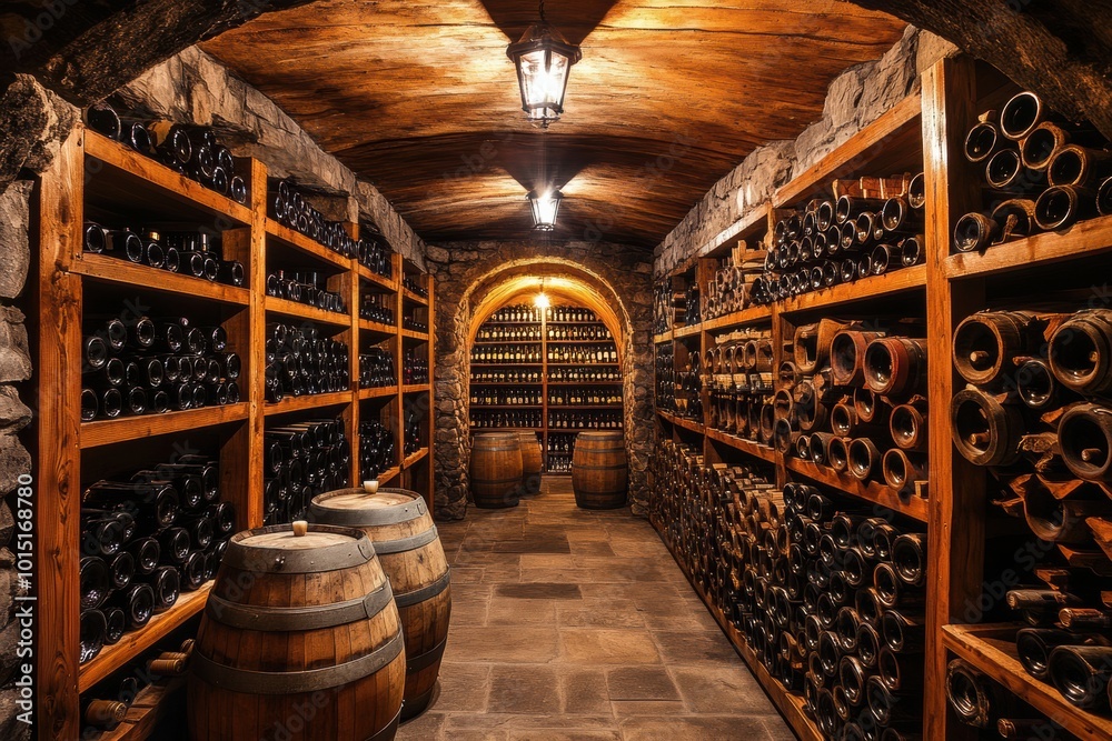 Aufkleber a rustic wine cellar showcasing wooden barrels and shelves lined with wine bottles set in a stone ar