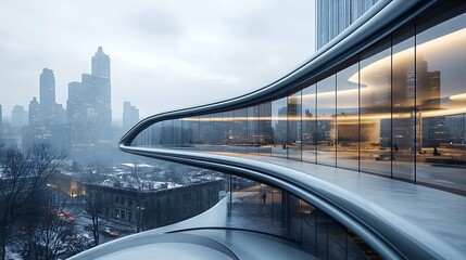 A modern, curved building with large glass windows overlooking a city skyline. 