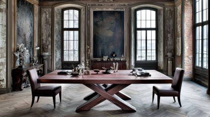 Fototapeta premium Elegant Dining Room with Modern Wooden Table and Chairs