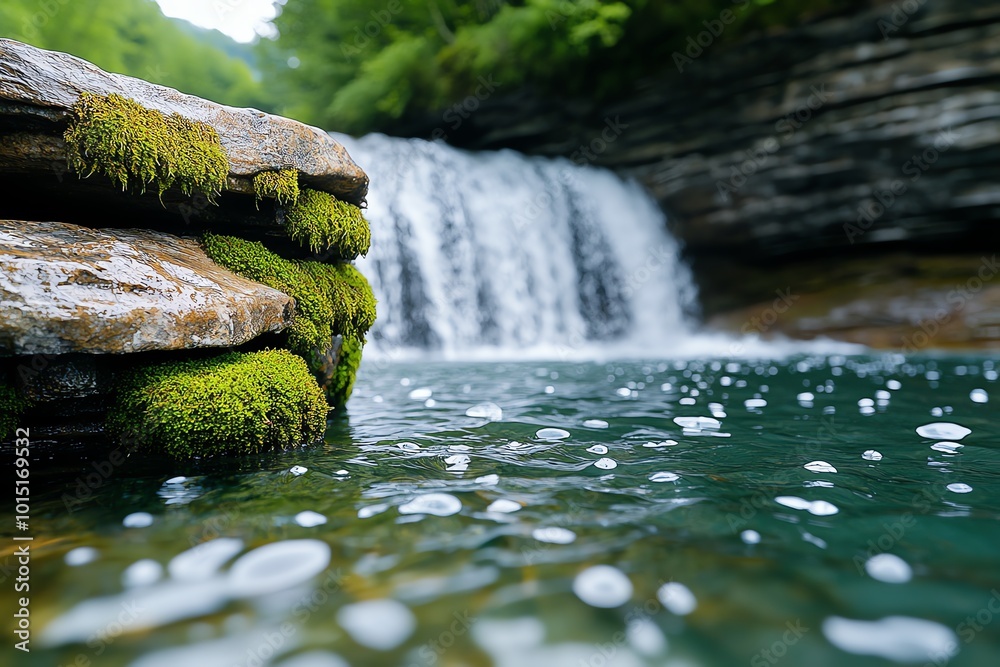 Poster hyper-realistic close-up of a waterfall, with every droplet of water and the moss-covered rocks capt