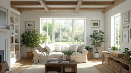 A bright and airy living room features cozy sofa adorned with plants and decorative items, creating serene atmosphere. large windows invite natural light, enhancing inviting space