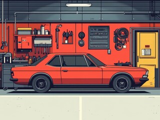 Fototapeta premium Classic Muscle Car in Garage Illustration 