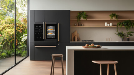 Fototapeta premium Modern kitchen design features sleek cabinetry, stylish refrigerator, and natural greenery. open space invites warmth and functionality, perfect for culinary creativity