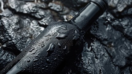A Wet Black Wine Bottle Against a Charcoal Background