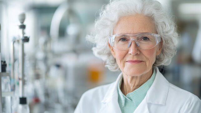 A confident elderly woman in lab coat and safety glasses stands in laboratory, showcasing her expertise and dedication to science. Her white hair and warm expression reflect years of experience