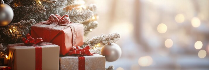A festive scene featuring beautifully wrapped Christmas gifts placed under a decorated Christmas tree, with space for text, ideal for holiday promotions, marketing related to gifts
