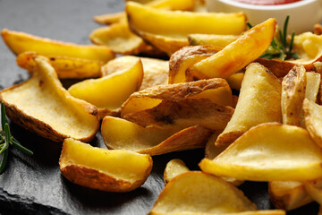 Fried potato dippers with ketchup on a stone board