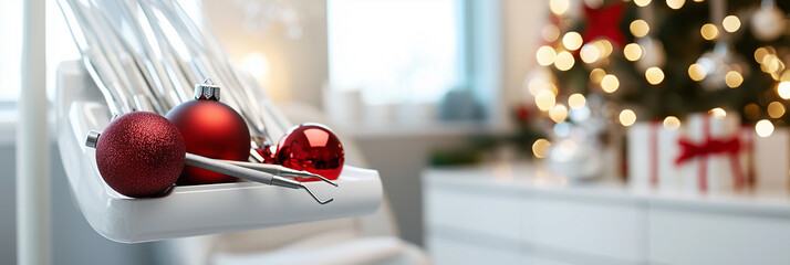 A modern dental office featuring a festive background, combining sleek dental design with holiday decorations, ideal for showcasing holiday spirit in a professional setting