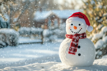 A cheerful snowman wearing a Santa hat and scarf, standing in a snowy yard, capturing the festive and wintry spirit of the holiday season, perfect for Christmas