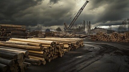 Obraz premium Logs piling up at lumber processing mill under stormy sky