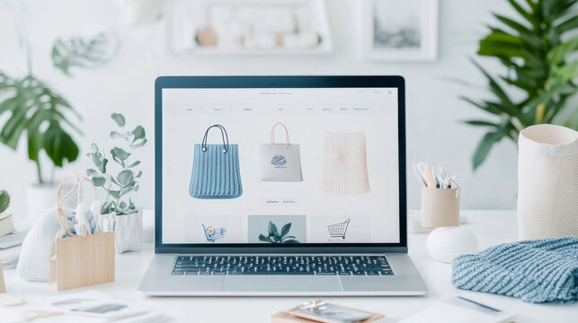 A modern workspace featuring laptop displaying an online store with stylish bags. serene environment includes plants, stationery, and decorative items, creating calm and productive atmosphere