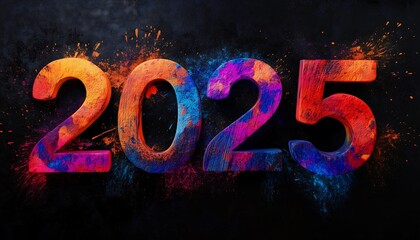 A 3D rendering of the numbers 2025 with colors in a graffiti style