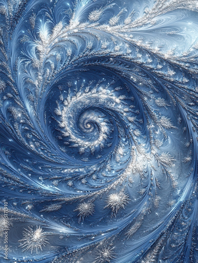 Poster a captivating spiral design features shades of blue and white, illustrating a mesmerizing fractal pa