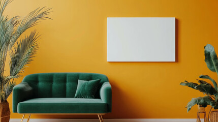 A modern living room featuring green velvet sofa against vibrant yellow wall, complemented by indoor plants and blank canvas for artistic expression