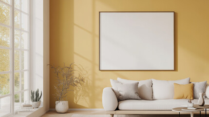 A cozy living room featuring white sofa adorned with cushions, set against warm yellow wall. large windows allow natural light to fill space, enhancing inviting atmosphere