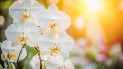 Obraz premium Close-up of white orchids blooming in a garden with a blurred background of the sun shining.